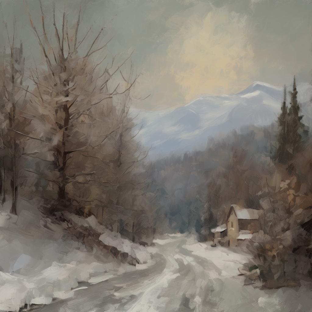 Ουρανογέμιμο τοπίο με βουνά και χειμωνιάτικο τοπικό στοιχείο, δημιουργική έκφραση και εσωτερικός κόσμος.